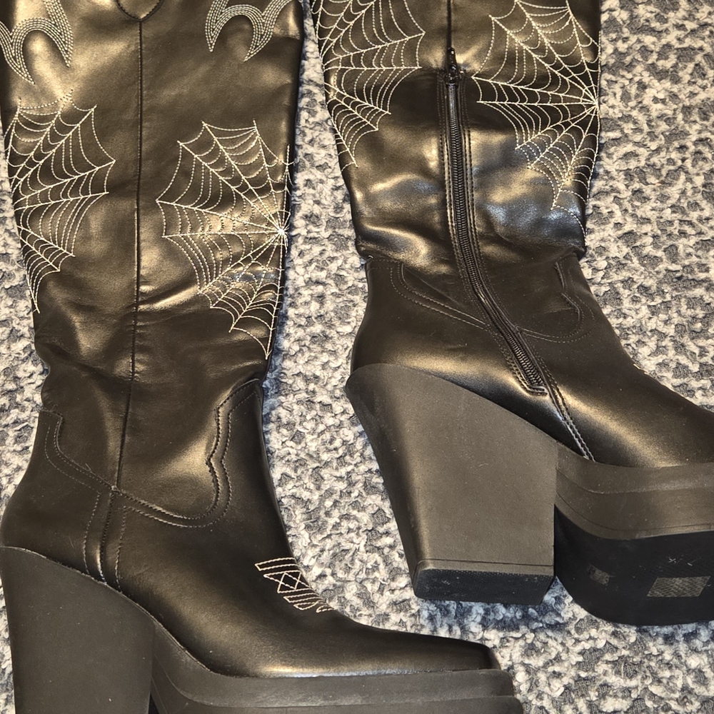 SHEIN Black Over the Knee Boots with Spider Web Design